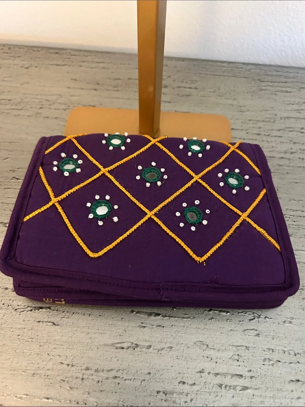 Embellished Purple Women's Clutch with Gold Stitching 6.5x4.5